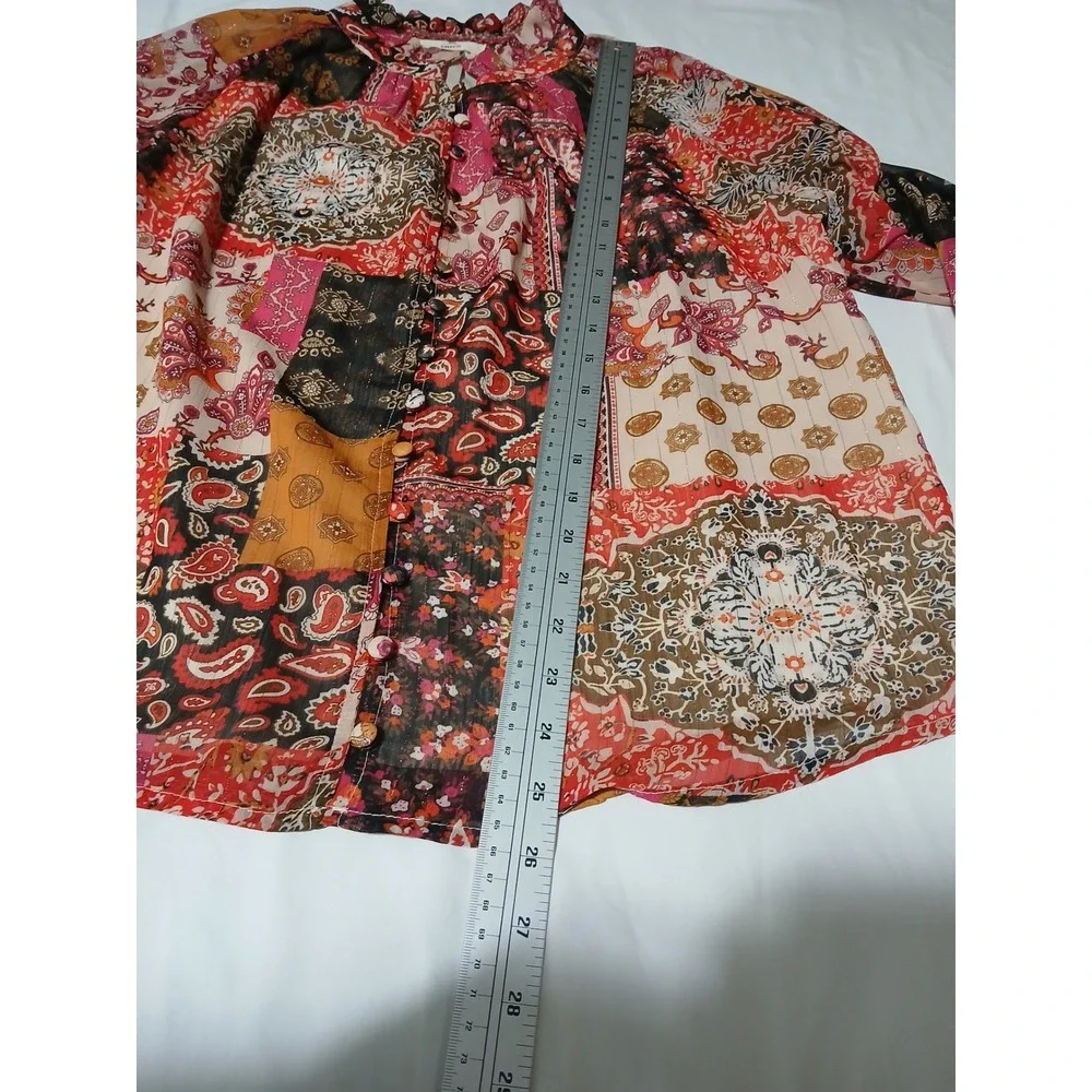 Entro Women PatchworkPaisley RuffleNeckLurex ButtonDown BlouseOrangeMediumOrange - Picture 8 of 10
